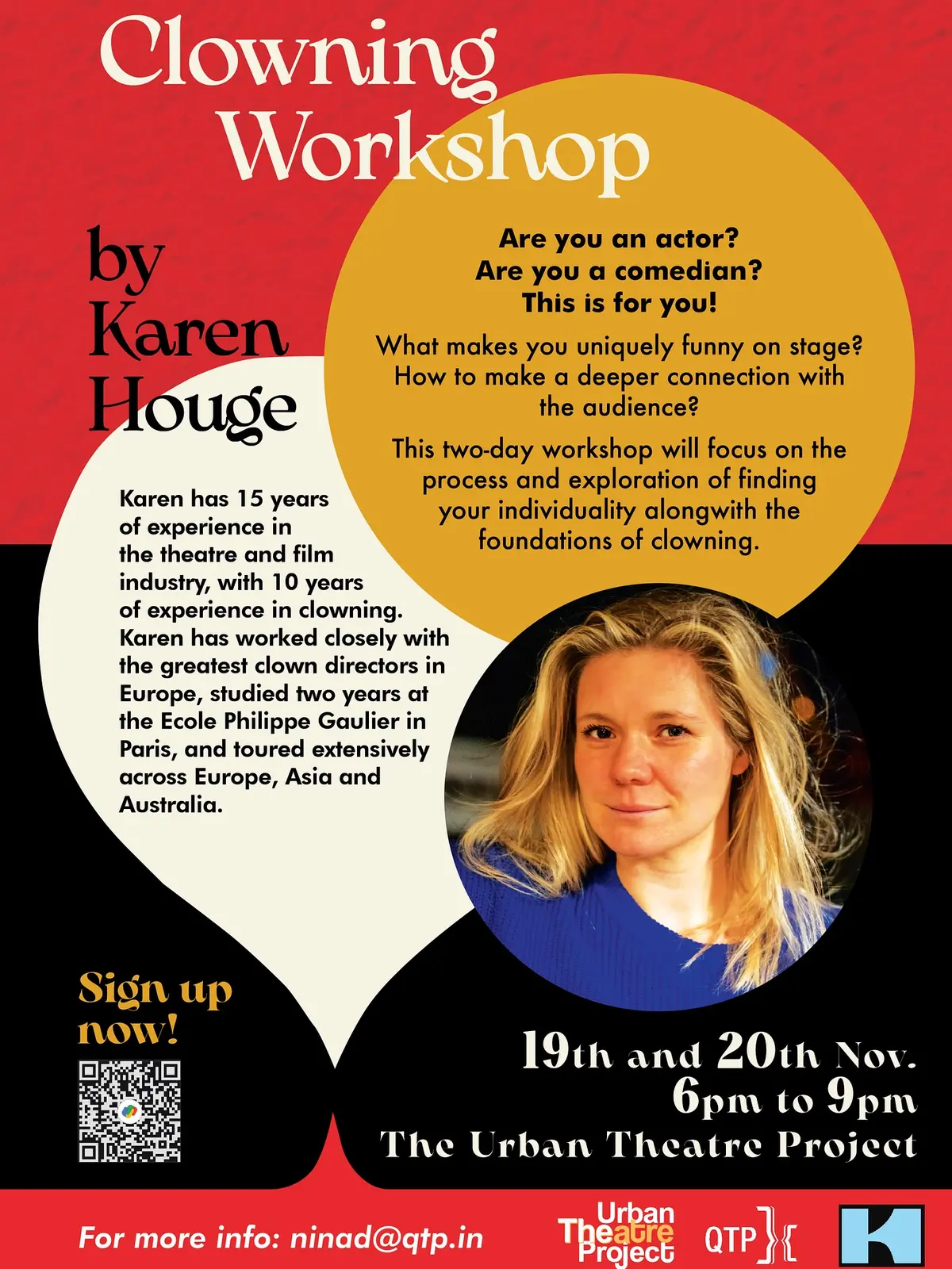 Poster for the clowning workshop with Karen Houge.