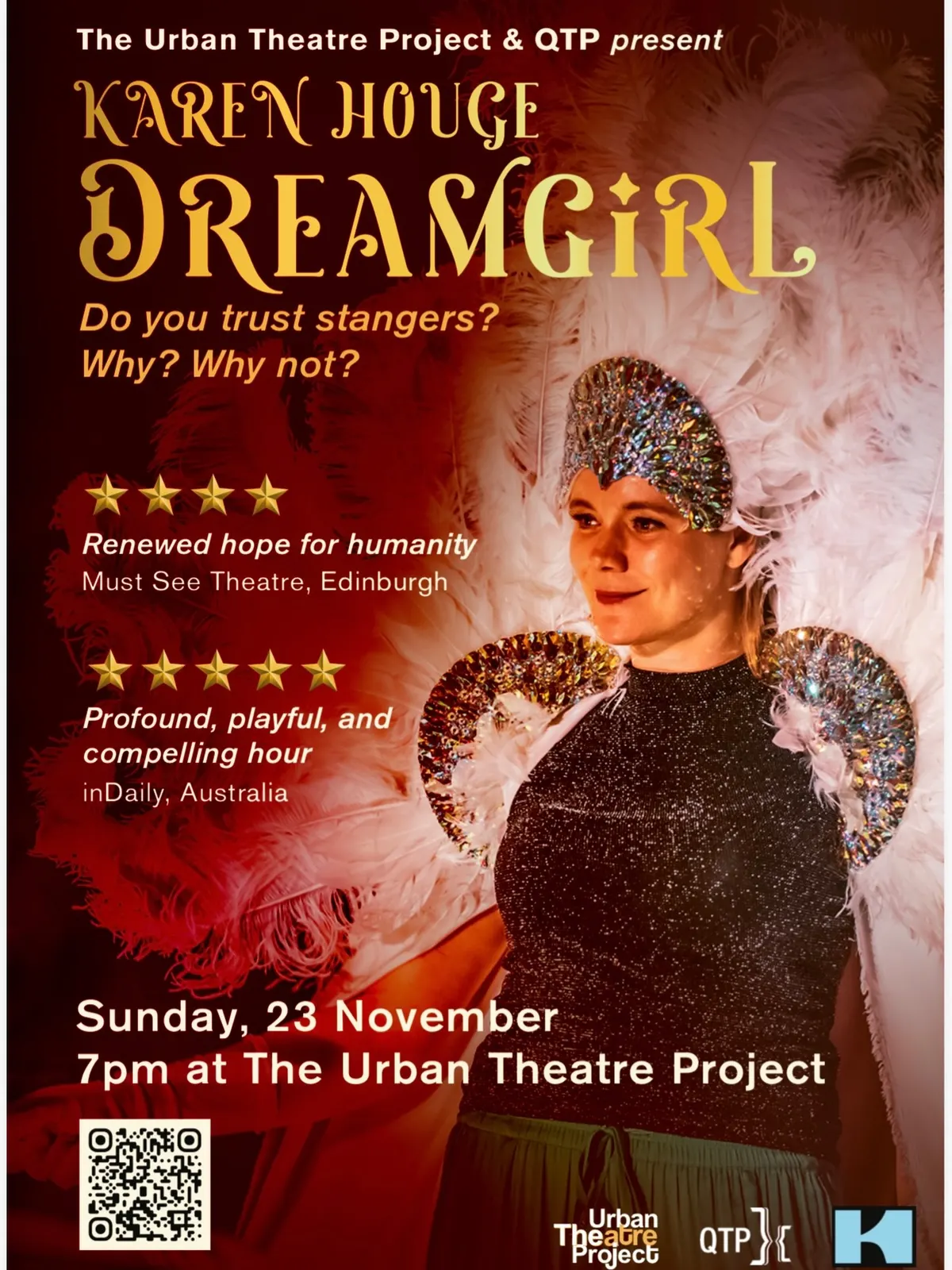 Poster for Dreamgirl: Karen Houge in a feathered costume, smiling.