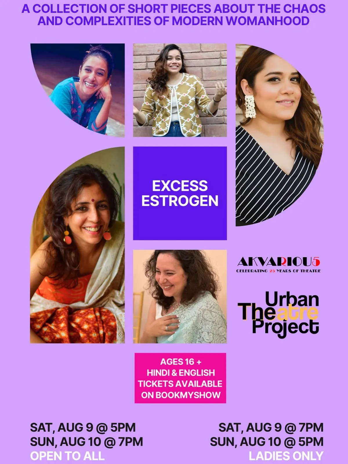 Poster for Excess Estrogen: portraits of the cast on lilac.