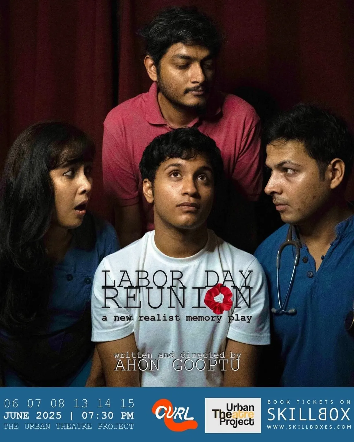 Poster for Labor Day Reunion: four actors in a hospital room, one in a doctor's coat.