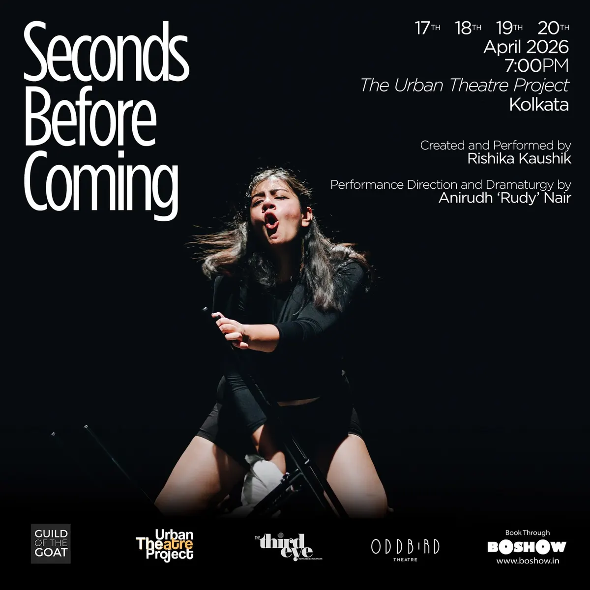 Poster for Seconds Before Coming: Rishika Kaushik mid-shout, lit from the side.