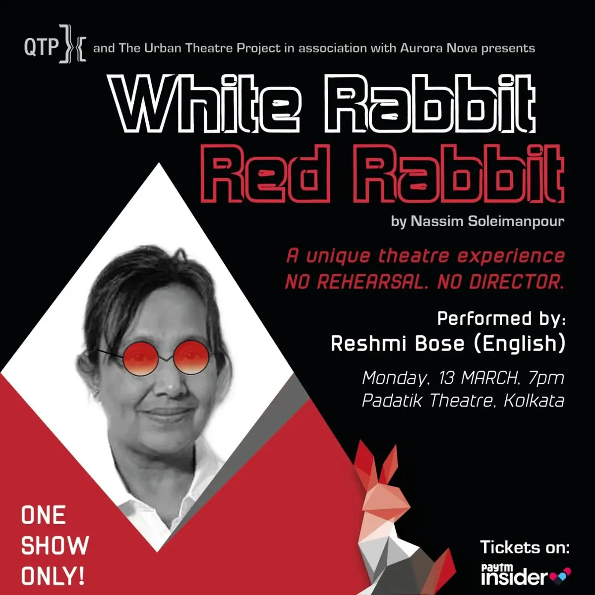 Poster for White Rabbit Red Rabbit: a performer in red glasses, a paper rabbit.